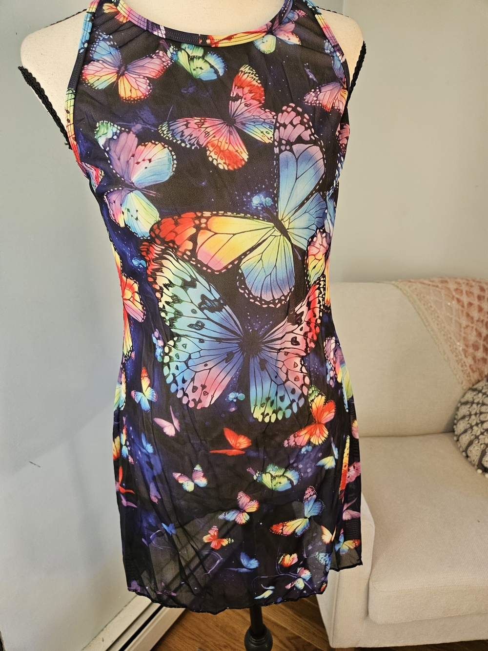 Rainbow Butterfly Mini Dress - Black Multicolor.sheer Coverup.